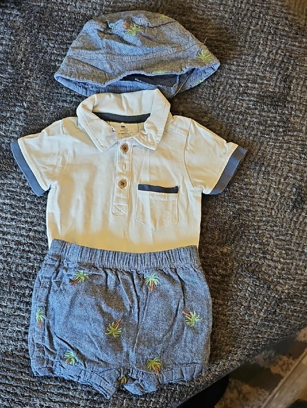 Tommy Bahama Baby Boy 3pc Set Polo Onesie Shorts & Bucket Hat 3-6M